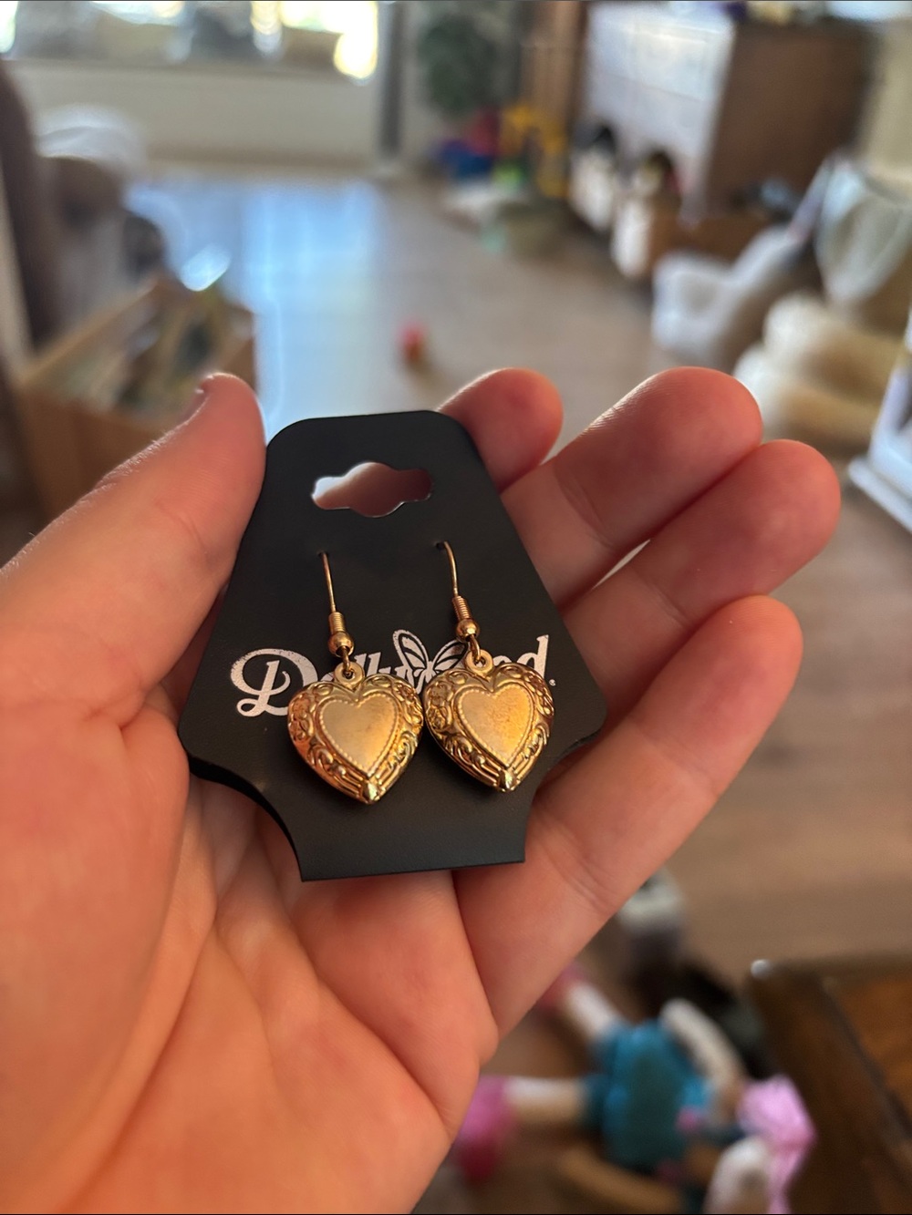 Gold Heart Locket Drop Earrings - Gold Tone